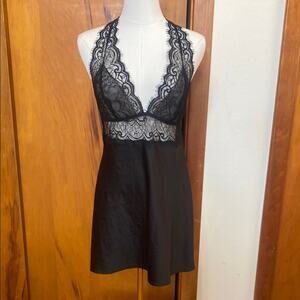 Adore Me Black Lace Chemise Racer style back. 100% Recycled Polyester Side Snaps